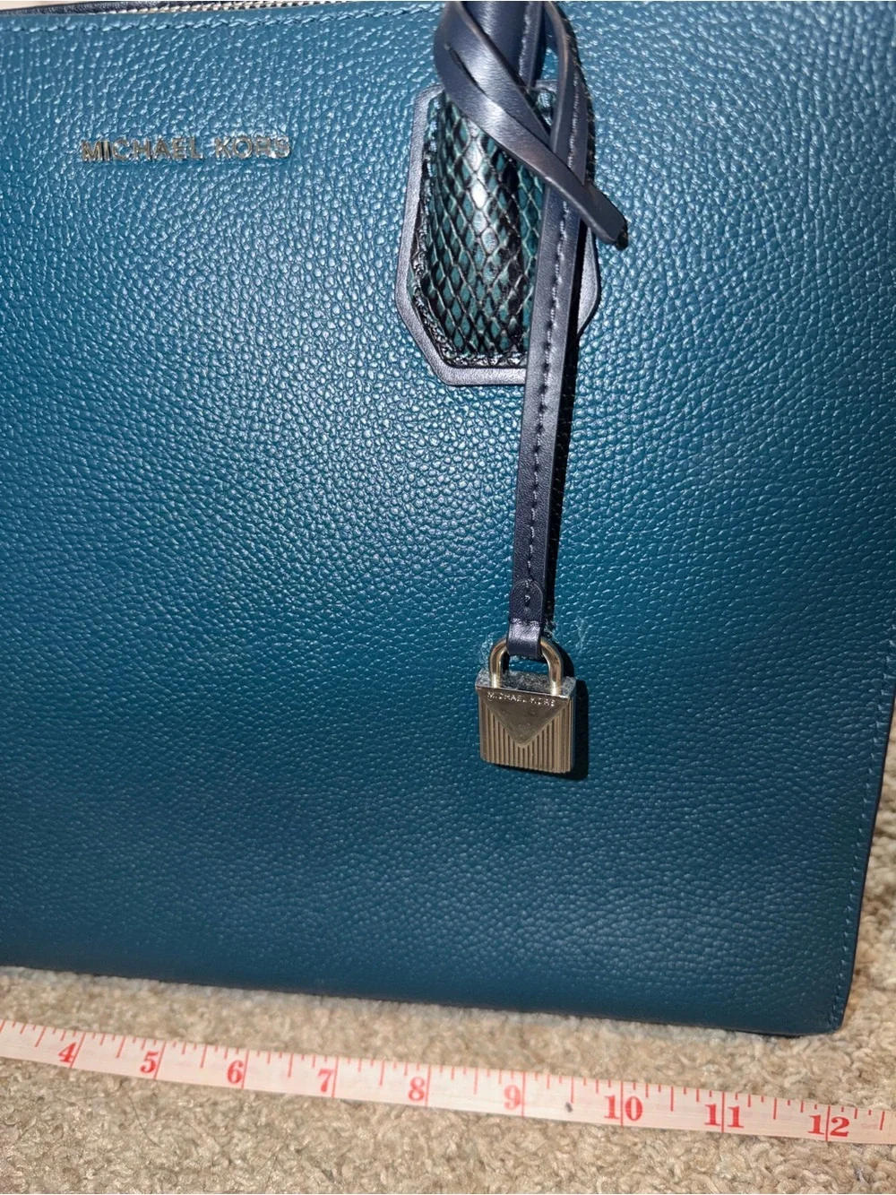 Michael Kors Teal Pebbled Leather Tote with Navy Trim